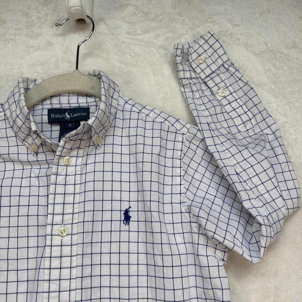 Ralph Lauren Boys Button Down Shirt 6 White Blue Plaid Pony‎ Logo School Preppy